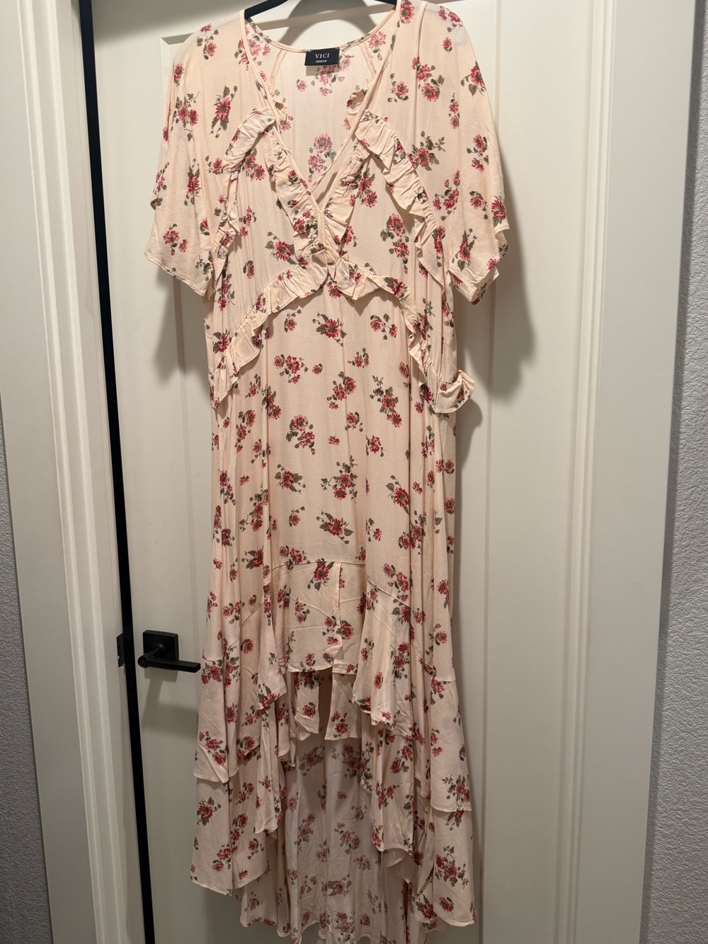 VICI Cream Floral Ruffle High-Low Maxi Dress
